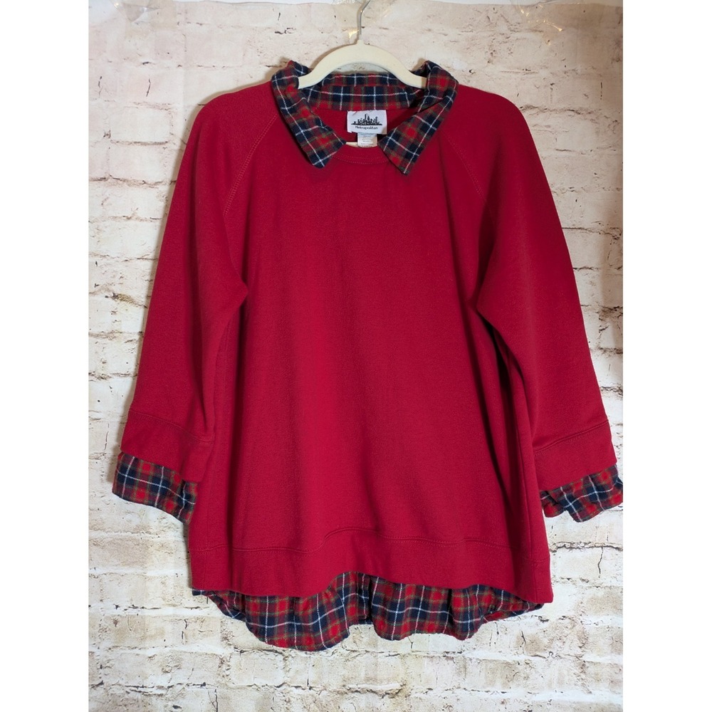 Vintage Metropolitan Sweatshirt Large Cherry Red Christmas Holiday Flannel Trim